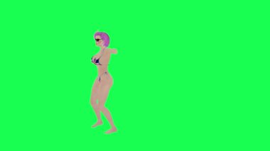 İngiliz bayraklı bikinili seksi kadın samba dansı ön açıyla izole edilmiş yeşil ekran karakteri çizgi filmi şirin kroma anahtar animasyonu