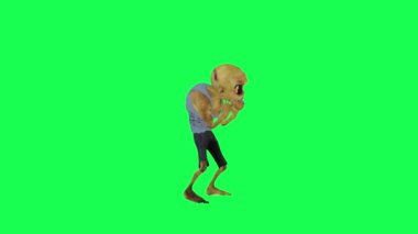 3 boyutlu animasyon zombisi tavuk dansı yapıyor, yeşil ekran sol açılı çizgi film karakteri komik, sevimli CG canlandırma döngüsü.