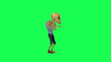 Şirin zombi dansı ve tezahürat yapan yeşil ekran sol açılı çizgi film karakteri komik sevimli cg canlandırma animasyon döngüsü