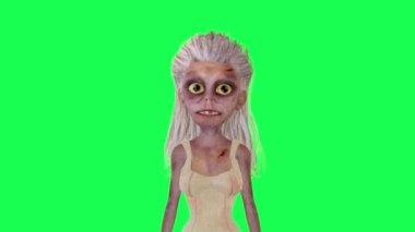Yeşil ekranda konuşan 3D kadın zombi çizgi film karakteri komik sevimli cg canlandırma canlandırma döngüsü