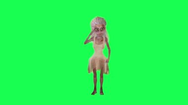 3D kadın zombi askeri yeşil ekranı selamlıyor. Çizgi film karakteri komik, sevimli, canlandırma döngüsü.
