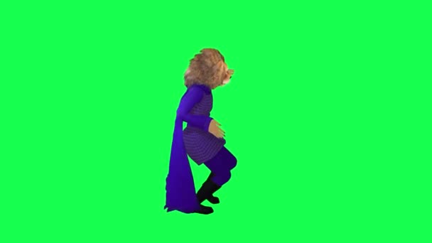 3D紫色动画快乐狮子舞动的手和脚隔离在绿色屏幕上与左角漫画可爱的色彩键背景动画 — 图库视频影像