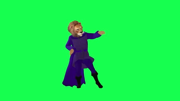 3D紫色动画快乐狮子舞动的手和脚隔离在绿屏上与前角漫画可爱的色彩键背景动画 — 图库视频影像
