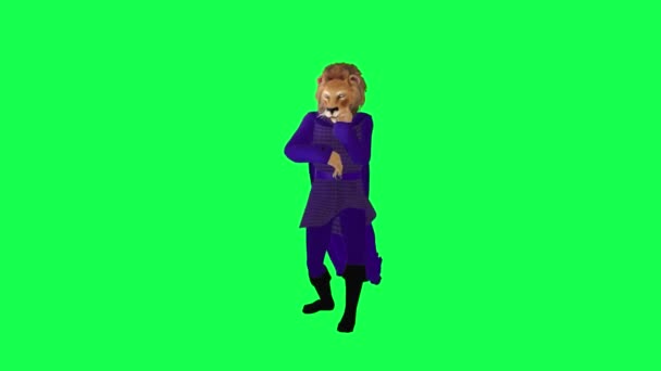緑の画面キャラクター漫画かわいいクロマキーバックグラウンドアニメーションで分離されたフロントアングルからラッピング紫色のドレスで3Dアニメーションライオン — ストック動画