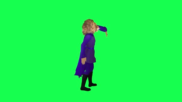 身着紫色服装的3D动画狮子从左边跳到绿色屏幕上的动画片可爱的彩色键背景动画 — 图库视频影像