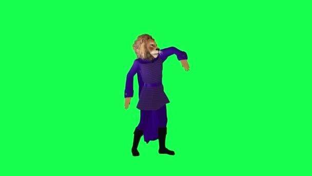 緑の画面キャラクター漫画キュートなクロマキーバックグラウンドアニメーション上のフロント角度からヒップホップを踊る紫の衣装の3Dアニメーションライオン — ストック動画