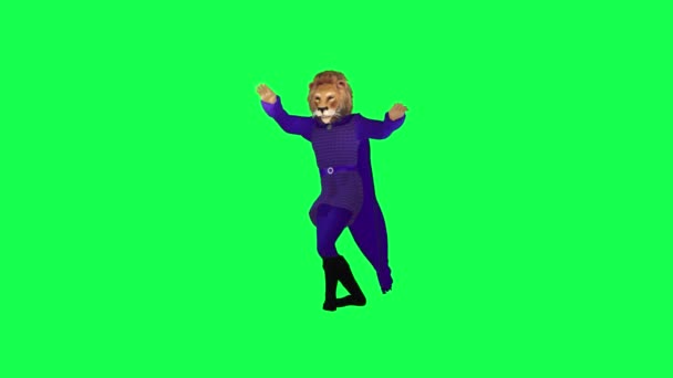 緑の画面キャラクター漫画キュートなクロマキーバックグラウンドアニメーション上のフロント角度からプロの手とフットダンスを行う紫のドレスの3Dアニメーションライオン — ストック動画