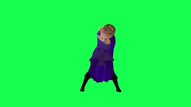 Мультфильм Лев Фиолетовом Платье Танцы Приветствуя Команду Переднего Угла Зеленый — стоковое видео