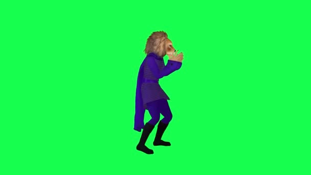 緑の画面キャラクター漫画キュートなクロマキーバックグラウンドアニメーション上の左角度からギャングナムスタイルを踊る紫のドレスの3D漫画ライオン — ストック動画