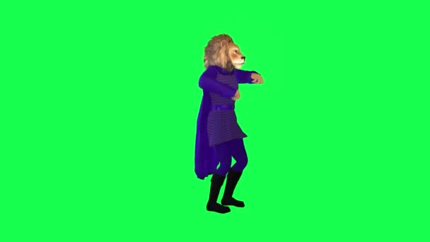 漂亮的3D狮子 穿着紫色衣服 在绿色荧幕上跳舞 拍手拍拍左角卡通人物可爱的色彩键背景动画 — 图库视频影像