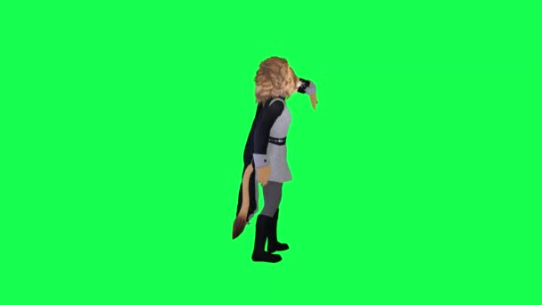 3D动画狮子身穿灰色黑色连衣裙从左边跳嘻哈 隔离在绿屏人物卡通片上可爱的色彩键背景动画 — 图库视频影像