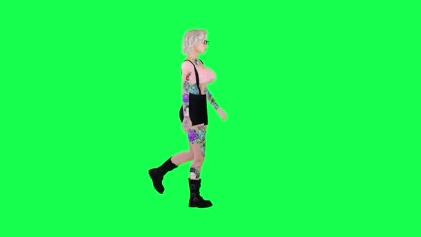 アメリカの女性ウォーキングタトゥーボディ隔離された緑の画面左角度キャラクター漫画かわいいクロマキー背景アニメーション — ストック動画