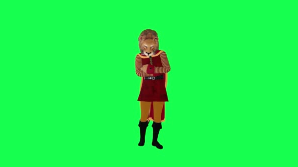 3D动画狮子身穿红色西服和斗篷 怒气冲冲地等待绿色屏风隔离前角卡通人物可爱的色彩键背景动画 — 图库视频影像