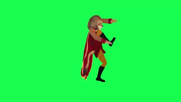 赤いスーツの3Dアニメーションライオンとキャップ怒りドアをキック分離左角度緑の画面キャラクター漫画かわいいクロマキー背景アニメーション — ストック動画