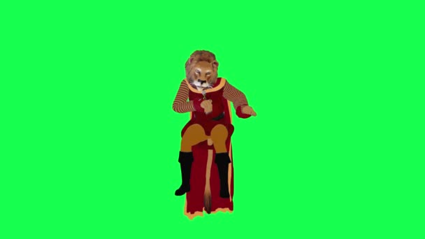 3Dアニメーションライオン座って孤立したフロント角緑のスクリーンキャラクター漫画かわいいクロマキー背景アニメーション — ストック動画