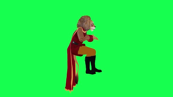3D动画狮子坐在那里等着说孤立的左角绿色屏幕人物漫画可爱的色彩键背景动画 — 图库视频影像