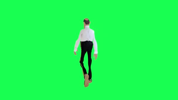 Φαλακρός Άνθρωπος Κινουμένων Σχεδίων Περπάτημα Απομονωμένο Πίσω Γωνία Πράσινο Οθόνη — Αρχείο Βίντεο