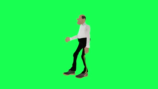 背の高いスキニー3D脱毛アニメーション男挨拶し 握手によって隔離された右角緑のスクリーンキャラクター漫画かわいいクロマキー背景アニメーション — ストック動画