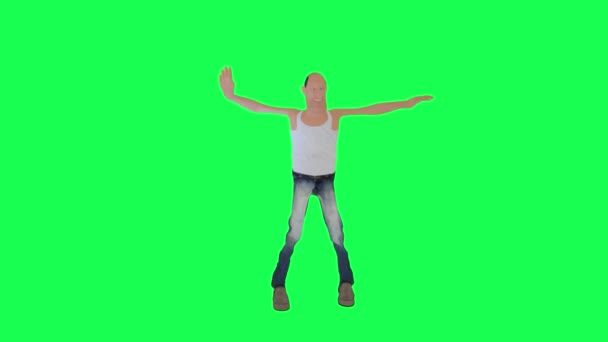Лысый Высокий Худой Мужчина Танцующий Самба Прямым Углом Изолированный Зеленый — стоковое видео