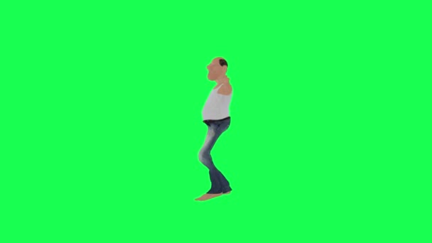 Tall Skinny Bald Man Dancing Spinning Front Angle Isolated Green — Stock Video