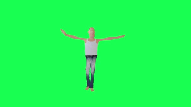 3D背の高いハゲスキニー男ダンスジャズ右角隔離された緑のスクリーンキャラクター漫画かわいいクロマキー背景アニメーション — ストック動画