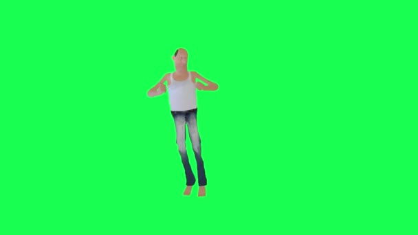 Высокий Худой Лысый Мужчина Танцует Вращения Левого Угла Изолированный Зеленый — стоковое видео
