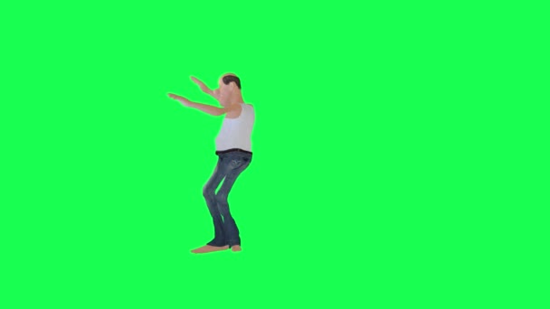 3D个身材高大瘦小的秃头男子身穿白色内裤和牛仔裤跳舞嘻哈直角孤零零的绿色荧幕卡通人物可爱的色彩键背景动画 — 图库视频影像