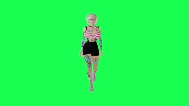 完全なボディ入れ墨赤い白い上および短いスカートの歩く隔離された右角の緑のスクリーン キャラクター漫画かわいいクロマのキーの背景アニメーションの美しい女性 — ストック動画
