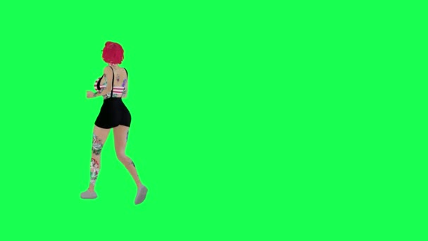 赤い白いトップとビデオゲームを再生ショートスカートの完全な入れ墨された女性は 右角緑のスクリーンキャラクター漫画かわいいクロマキー背景アニメーションを分離しました — ストック動画