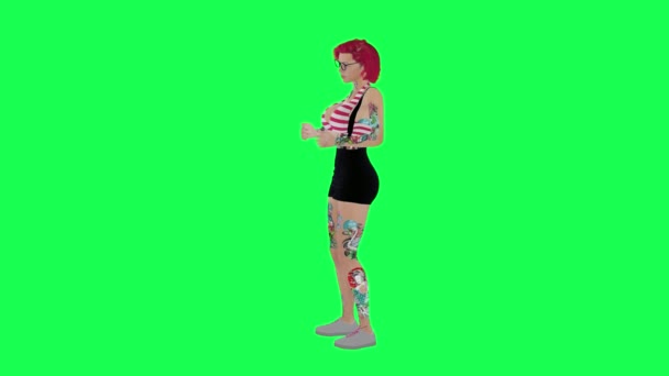 Full Tattooed Woman Red Hair Short Skirt Smoking Cigarette Isolated — Stock Video