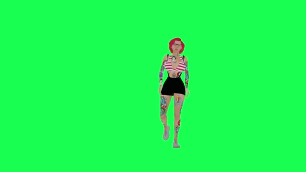 赤い髪と短いスカートウォーキングと左側の角度を隔離された緑の画面キャラクター漫画キュートなクロマキー背景アニメーションで3D完全に入れ墨された女性 — ストック動画