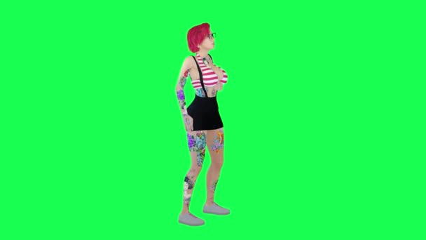Полностью Татуированная Женщина Рыжими Волосами Короткой Юбкой Пить Алкоголь Говорить — стоковое видео