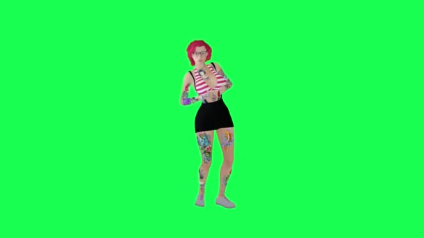 Full Tattooed Woman Red Hair Surprised Right Angle Green Screen — Stock Video