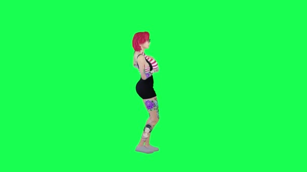 Полная Татуировка Женщина Рыжими Волосами Удивлен Передний Угол Зеленый Экран — стоковое видео