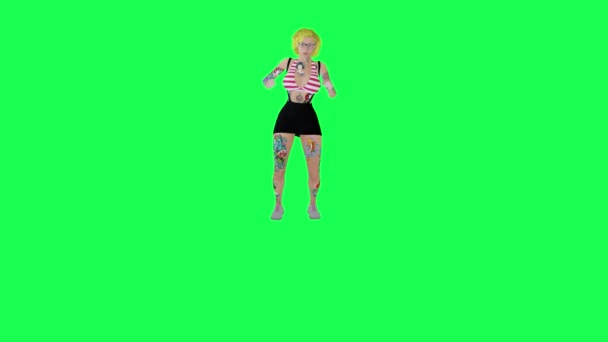 ブロンドの髪とメガネを持つ美しい3D女性は 床に何かを見つけます 右の角度 孤立した緑の画面キャラクター漫画かわいいクロマキー背景アニメーション — ストック動画