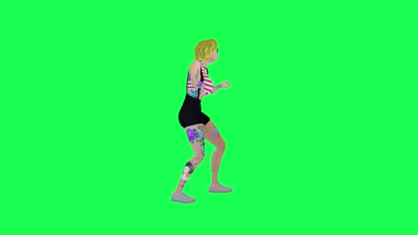 ブロンドの髪とメガネを持つ美しい3D女性は 床に何かを見つけます フロントアングル 孤立緑のスクリーンキャラクター漫画かわいいクロマキー背景アニメーション — ストック動画