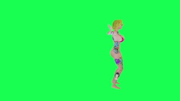全身上下都是纹身的金发女人穿着粉色比基尼跳桑巴前角孤零零的绿色荧幕卡通人物可爱的彩色背景动画 — 图库视频影像