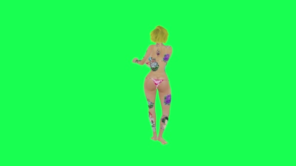 Femme Blonde Tatouée Complète Bikini Rose Dansant Salsa Angle Gauche — Video