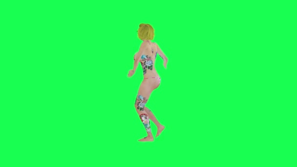 Volledige Getatoeëerde Blonde Vrouw Roze Bikini Dansen Salsa Rechte Hoek — Stockvideo