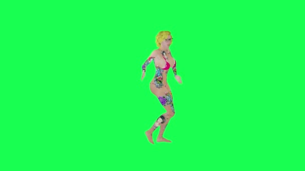 Mulher Loira Tatuada Biquíni Rosa Dançando Profissional Salsa Ângulo Esquerdo — Vídeo de Stock