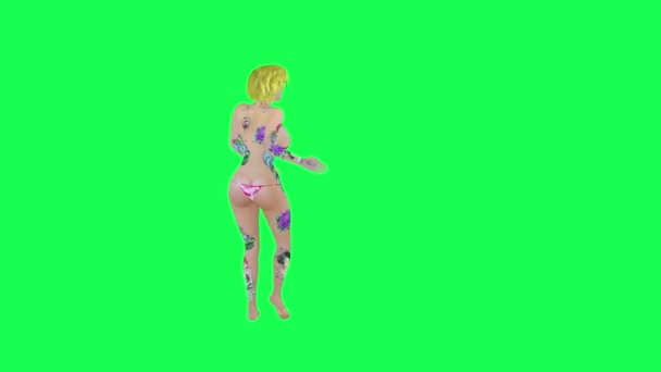 Полная Татуированная Блондинка Розовом Бикини Танцует Сальса Задний Угол Изолированный — стоковое видео