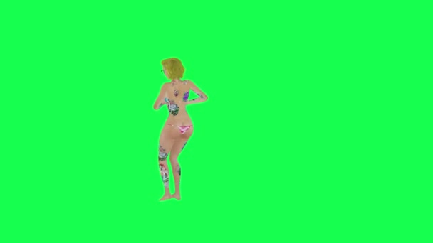 Blonde Tattooed Woman Pink Bikini Rapping Right Angle Isolated Green — Stock Video