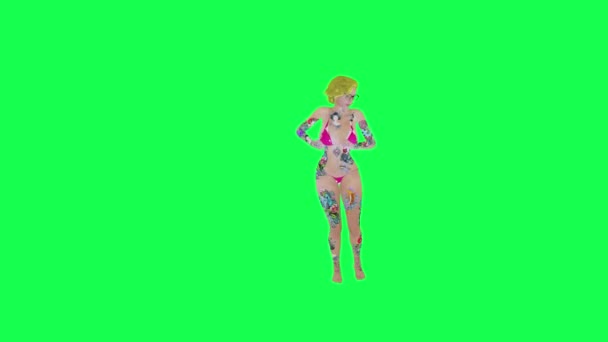 金发纹身女人穿着粉色比基尼舞动着 旋转着前角 孤零零的 绿屏人物卡通人物可爱的彩色背景动画 — 图库视频影像