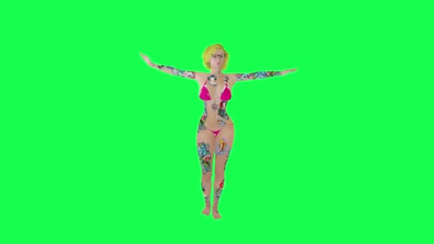 タトゥー ブロンド ピンク ビキニ ジャズ ダンス アングル 孤立した スクリーン キャラクター — ストック動画