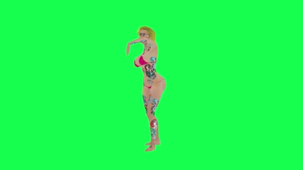 Татуированная Блондинка Розовом Бикини Танцующая Прямым Углом Изолированный Зеленый Персонаж — стоковое видео