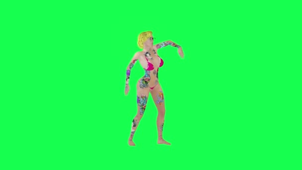 Sexy Blonde Tattooed Woman Pink Bikini Dancing Hip Hop Front — Stock Video