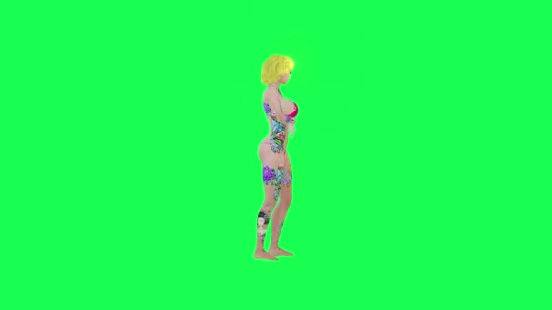 性感的金发纹身女人穿着粉色比基尼跳舞嘻哈舞 孤零零的 绿色荧幕人物卡通人物可爱的彩色背景动画 — 图库视频影像
