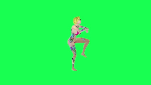 Sexy Blonde Tattooed Woman Pink Bikini Dancing Hip Hop Breakdance — Stock Video
