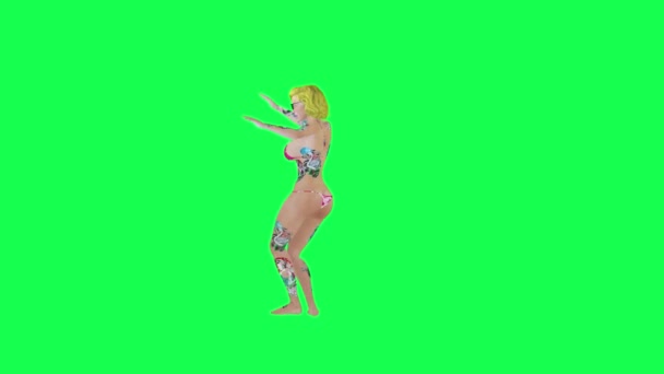 性感的金发纹身女人穿着粉色比基尼跳舞嘻哈左角 孤零零的 绿屏人物卡通人物可爱的彩色背景动画 — 图库视频影像