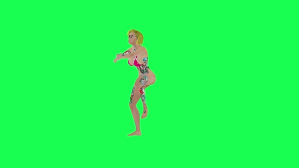 Sexy Blond Getatoeëerde Vrouw Roze Bikini Dansen Gangnam Stijl Voorzijde — Stockvideo